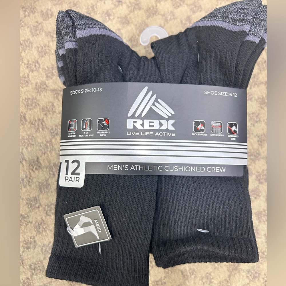 NWT RBX athletic men’s cushioned crew socks 12 pairs